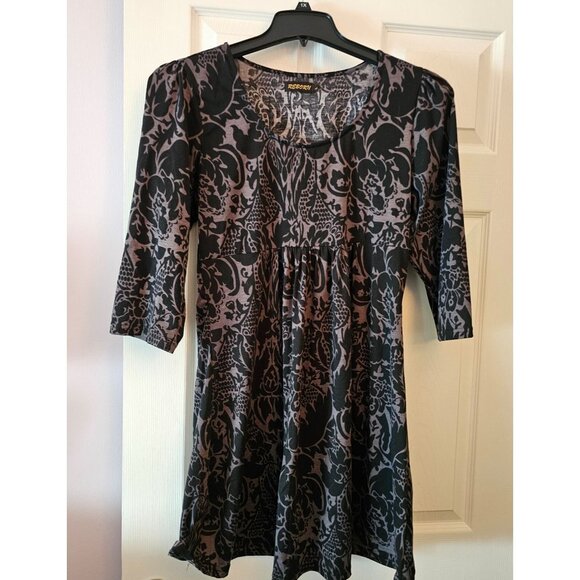 Black & Gray Floral Patterned 3/4 Sleeve Tunic/Dress By Reborn Sz L Dark Goth - Picture 1 of 8